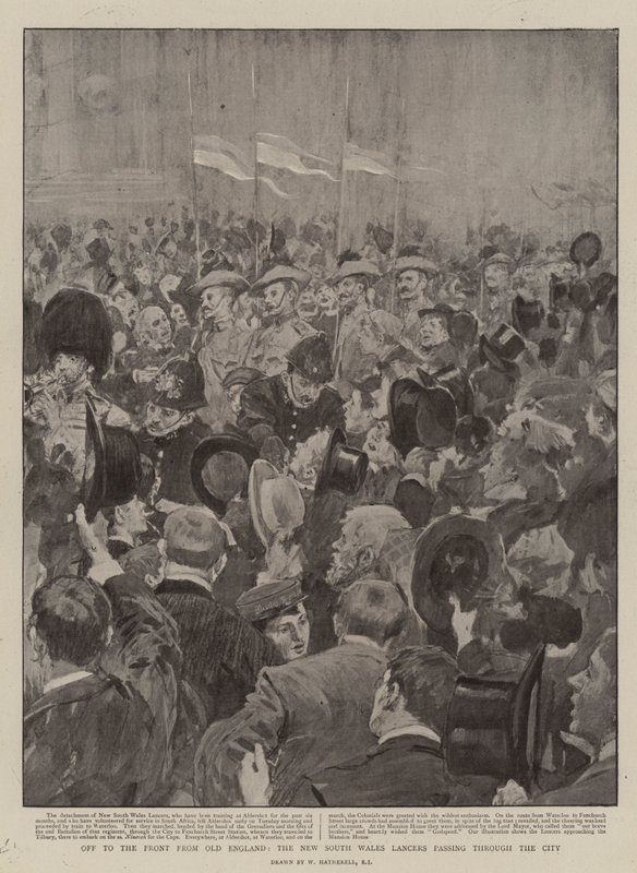 Old Angliából a frontra, a New South Wales Lancers áthalad a városon alkotó: William Hatherell