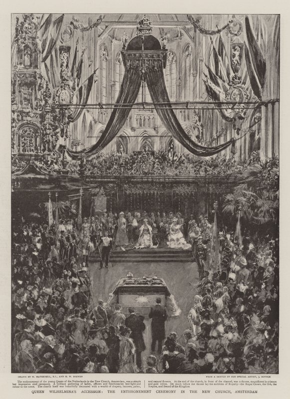 Wilhelmina királynő csatlakozása, a trónra emelési szertartás az amszterdami Újtemplomban alkotó: William Hatherell