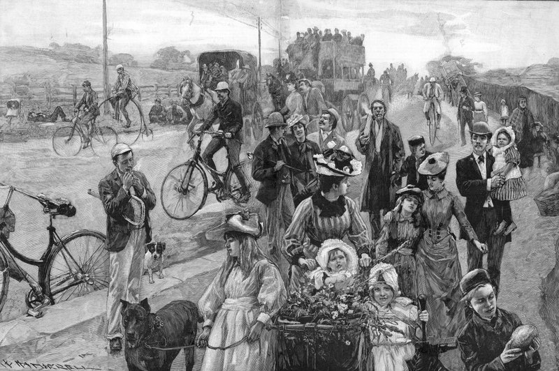 Utcai jelenet sok kerékpárral alkotó: William Hatherell