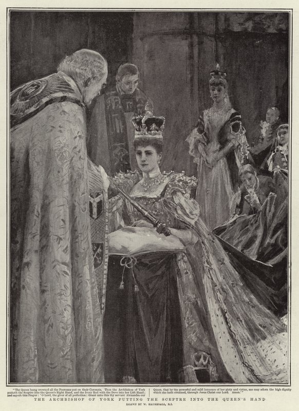 York érseke a jogart a királynő kezébe adja. alkotó: William Hatherell