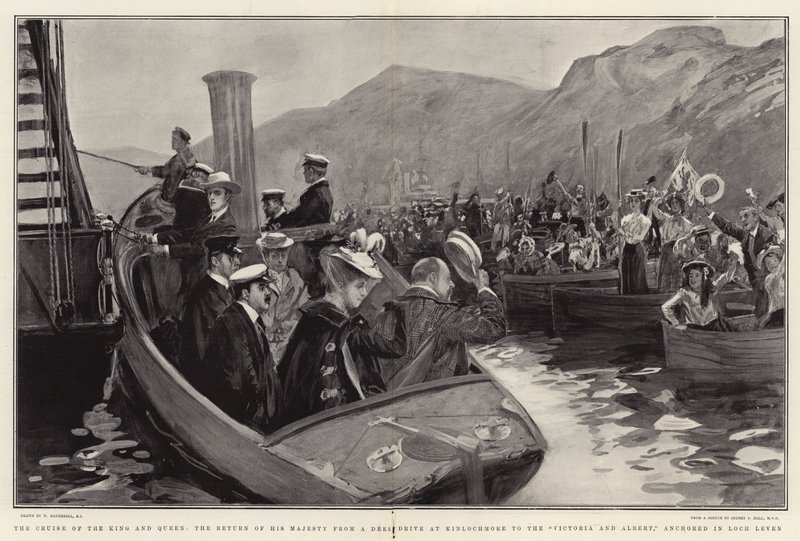 A király és a királynő hajóútja, Őfelsége visszatérése a Kinlochmore-i szarvashajtótól a Loch Levenben horgonyzó Victoria and Albert hajóra. alkotó: William Hatherell