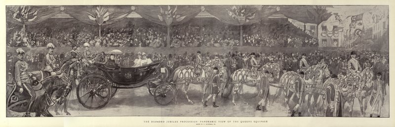 A gyémántjubileumi menet, a királynő felszerelésének panorámaképe alkotó: William Hatherell