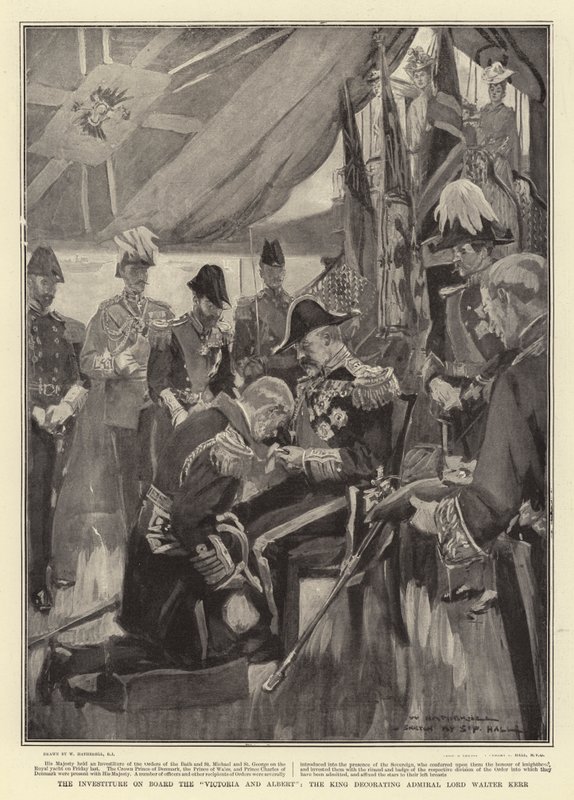 Az Investiture a Victoria és Albert fedélzetén, a király, aki Lord Walter Kerr admirálist díszíti alkotó: William Hatherell