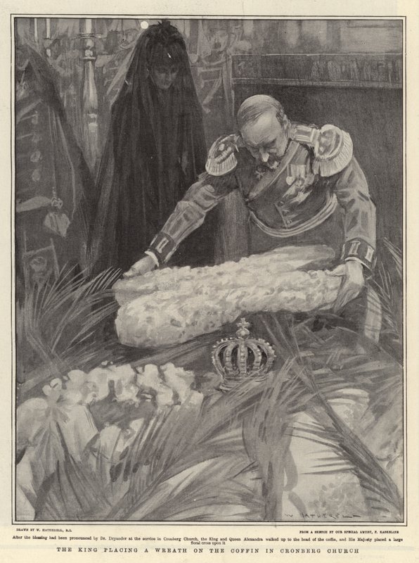 A király koszorút helyez a koporsóra a cronbergi templomban alkotó: William Hatherell