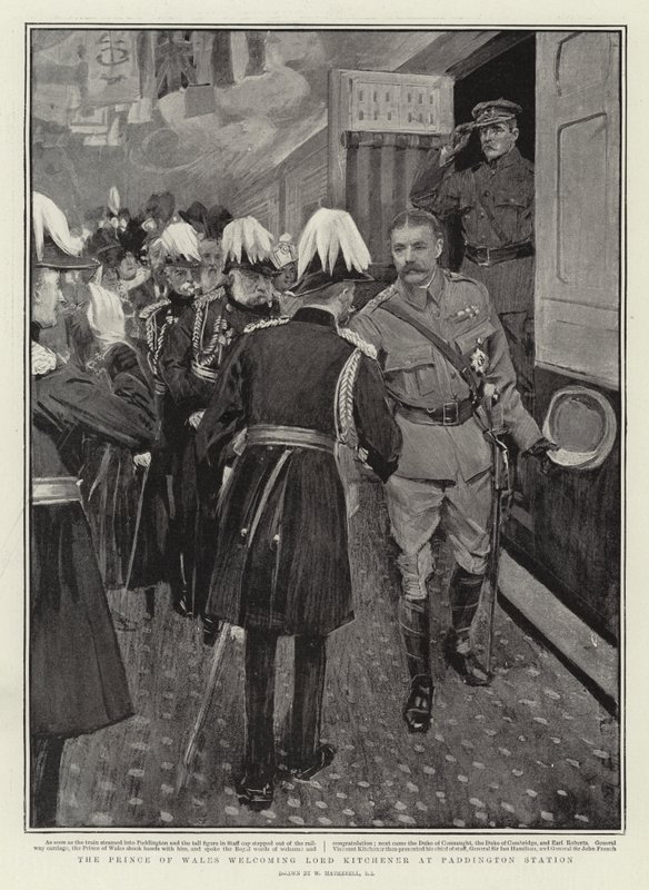 A walesi herceg üdvözli Lord Kitchenert a Paddington állomáson alkotó: William Hatherell