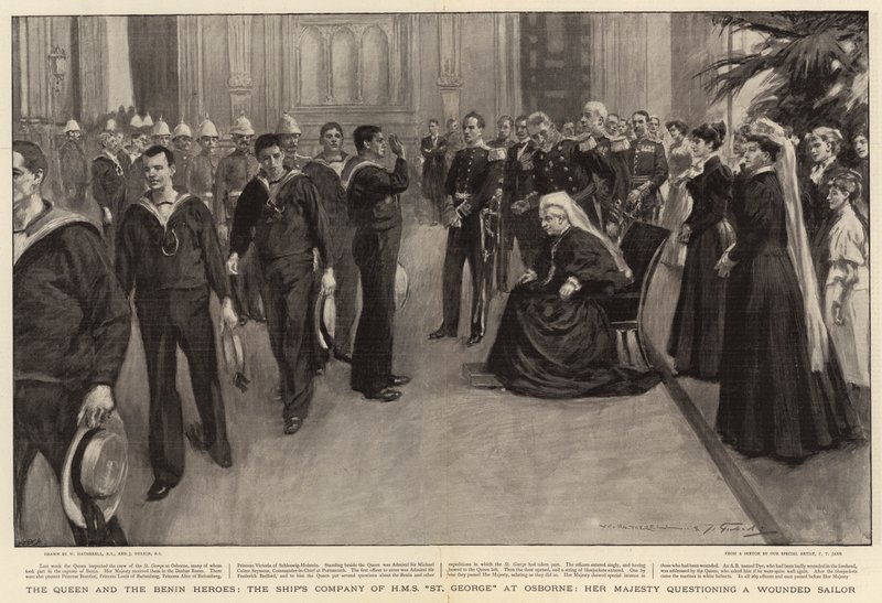 A királynő és a benini hősök, a H M S St George Hajótársasága Osborne-ban, Őfelsége egy megsebesült tengerészt kérdez ki alkotó: William Hatherell