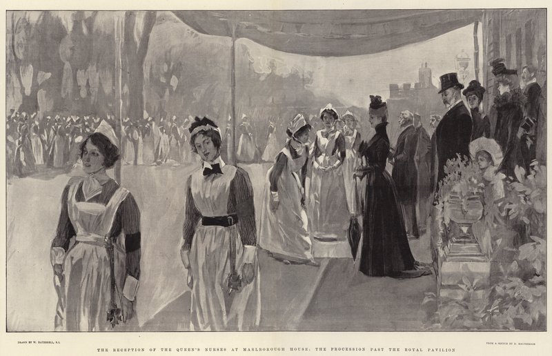 A királynő ápolóinak fogadása a Marlborough House-ban, a körmenet a királyi pavilon mellett alkotó: William Hatherell