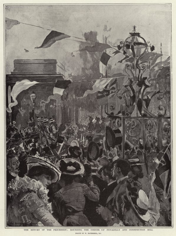 A körmenet visszatérése, a Piccadilly és a Constitution Hill sarkán alkotó: William Hatherell
