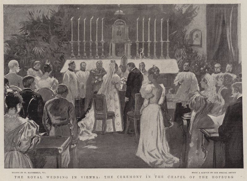 A bécsi királyi esküvő, a szertartás a Hofburg kápolnában alkotó: William Hatherell
