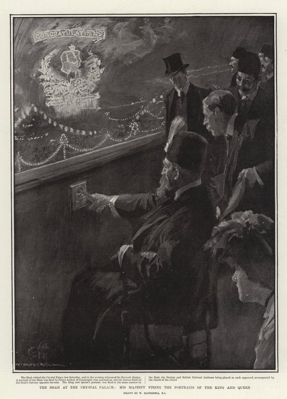 A sah a Kristálypalotában, Őfelsége a király és a királynő portréit tüzeli alkotó: William Hatherell