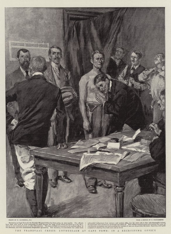 Transvaali válság, lelkesedés Fokvárosban, egy toborzó irodában alkotó: William Hatherell