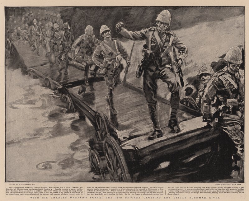 Sir Charles Warren haderejével a 11. dandár átkel a Kis-Bushman folyón. alkotó: William Hatherell
