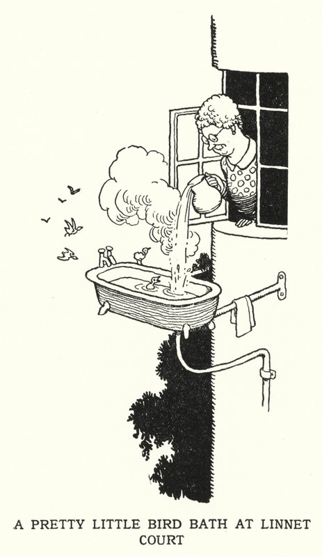 Egy szép kis madárfürdő a Linnet Courtban (litho) alkotó: William Heath Robinson