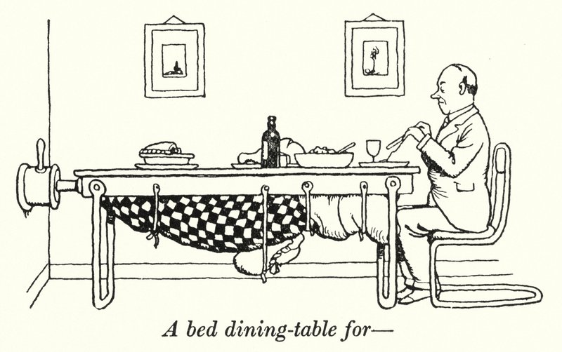 Ágy-étkezőasztal (litho) alkotó: William Heath Robinson