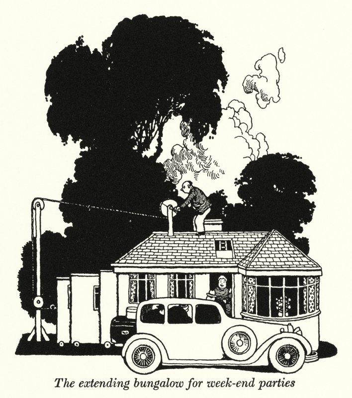 Bővíthető bungaló hétvégi bulikhoz (litho) alkotó: William Heath Robinson