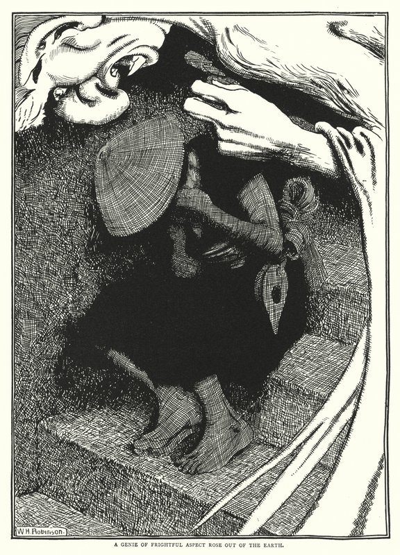 A földből egy ijesztő arculatú dzsinn emelkedett ki (metszet) alkotó: William Heath Robinson