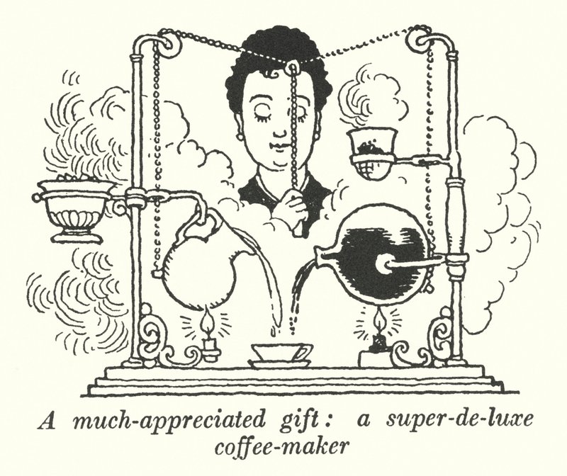 Nagyra értékelt ajándék, szuper-deluxe kávéfőző (litho) alkotó: William Heath Robinson