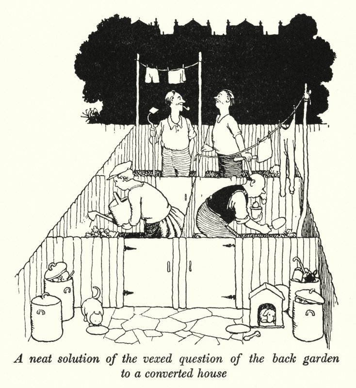A hátsó kert kínos kérdésének ügyes megoldása átalakított házra (litho) alkotó: William Heath Robinson