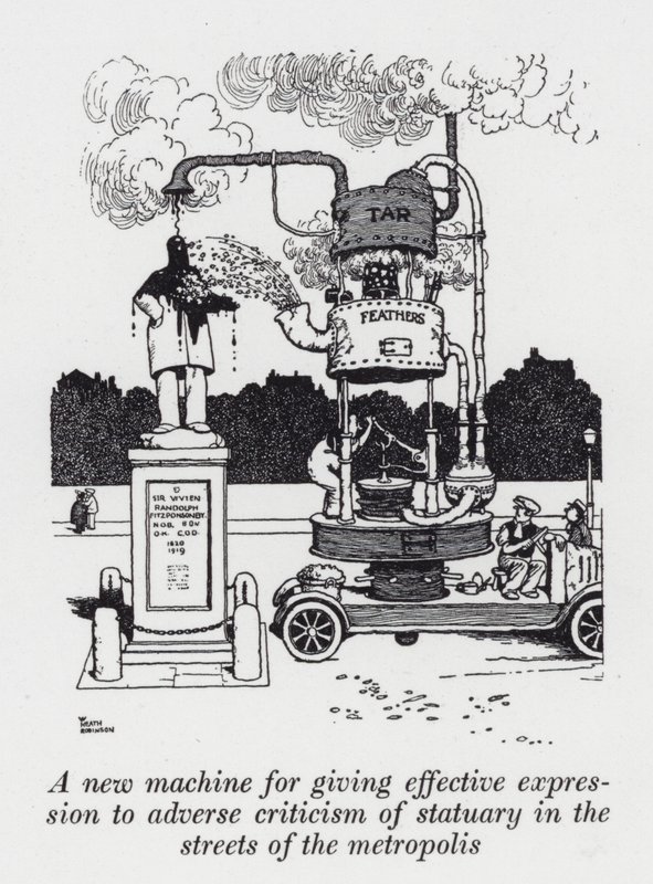 Egy új gép a metropolis utcáin szobrokkal szembeni negatív kritikák hatékony kifejezésére (litho) alkotó: William Heath Robinson