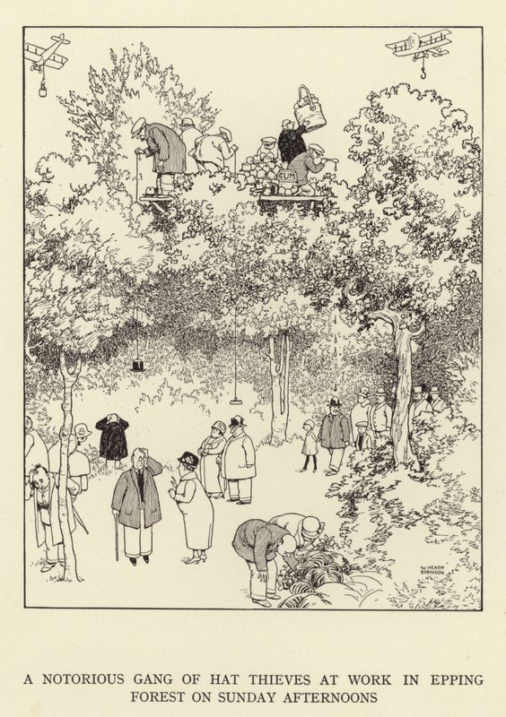 Egy hírhedt kalaptolvajbanda dolgozik az Epping Forestben vasárnap délután alkotó: William Heath Robinson