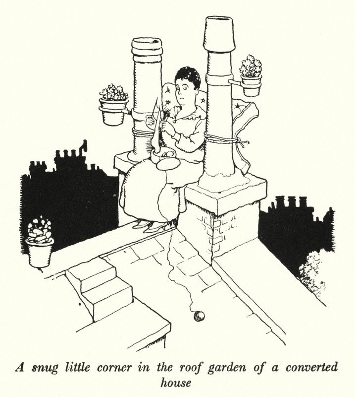 Egy kényelmes kis sarok egy átalakított ház tetőkertjében (litho) alkotó: William Heath Robinson