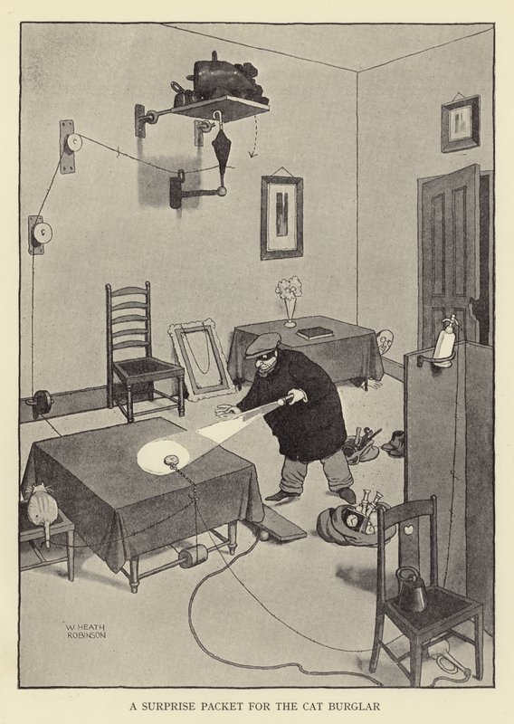 Meglepetés csomag a macska betörőnek alkotó: William Heath Robinson