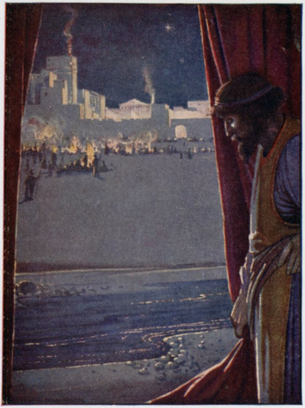Agamemnon síp és fuvola hangját és emberek nevetését hallotta, miközben a trójaiak lakomáztak és mulattak (színes litho) alkotó: William Heath Robinson
