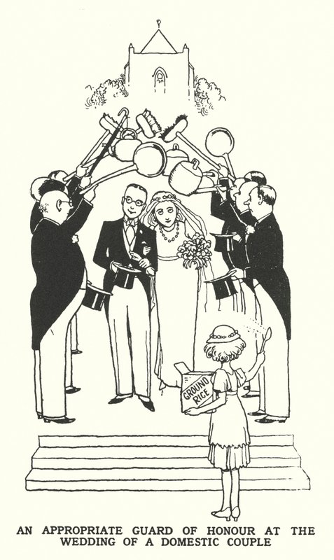 Megfelelő díszőrség egy hazai házaspár esküvőjén (litho) alkotó: William Heath Robinson