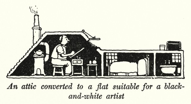 Fekete-fehér művésznek alkalmas lakássá alakított tetőtér (litho) alkotó: William Heath Robinson