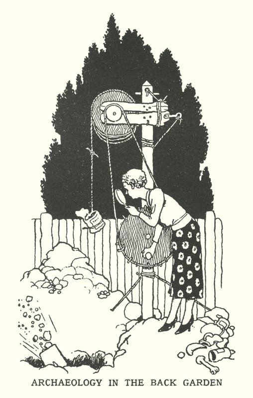Régészet a hátsó kertben (litho) alkotó: William Heath Robinson