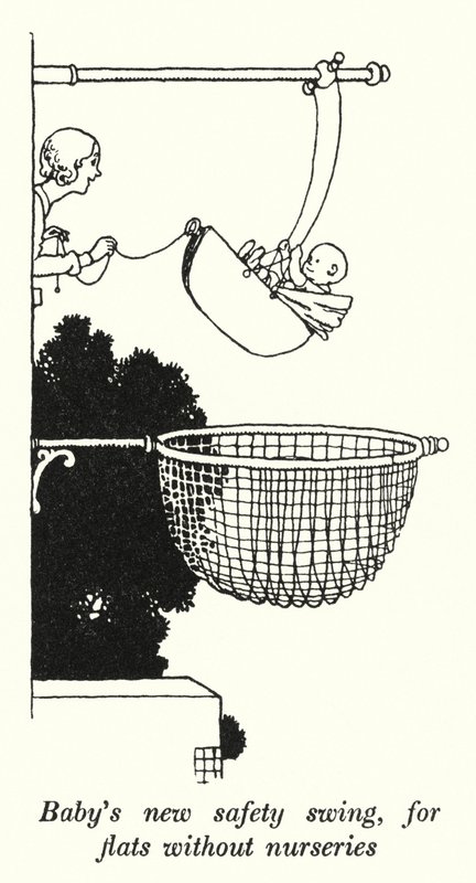 Baba új biztonsági hinta, bölcsőde nélküli lakásokhoz (litho) alkotó: William Heath Robinson