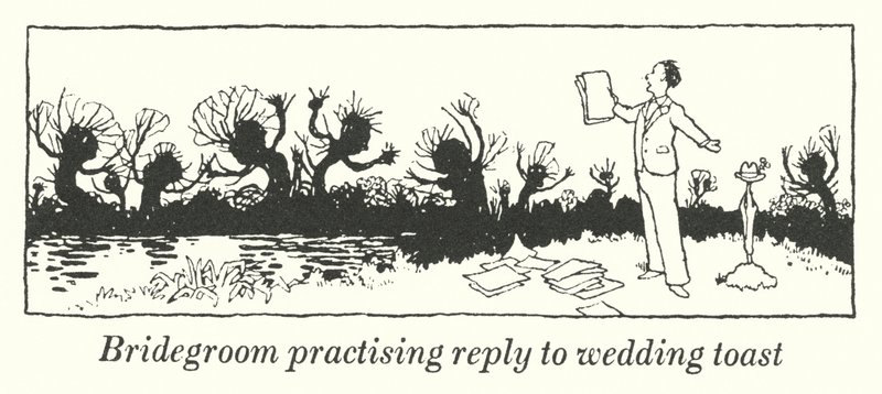 Gyakorló vőlegény válasz az esküvői pirítósra (litho) alkotó: William Heath Robinson