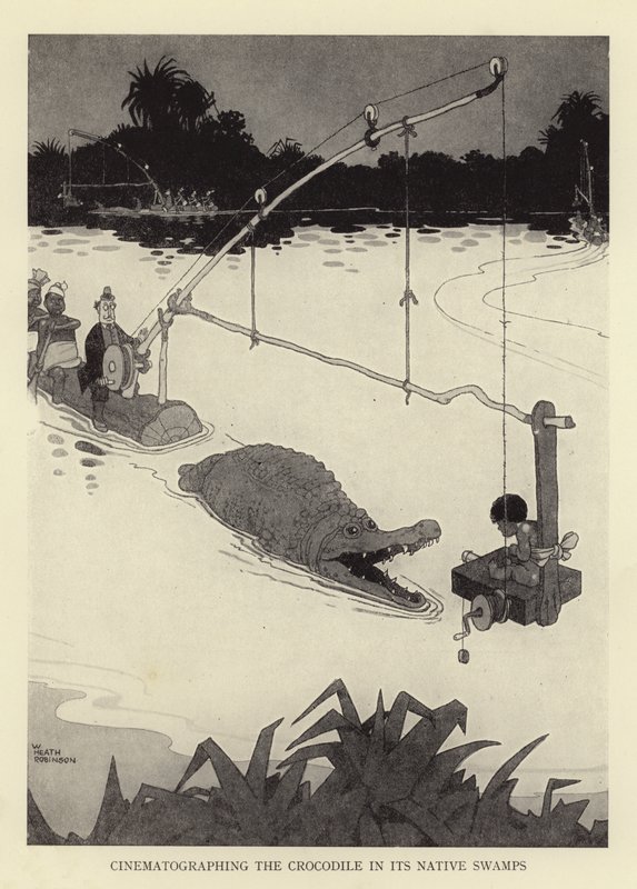 A krokodil filmezése natív mocsaraiban alkotó: William Heath Robinson