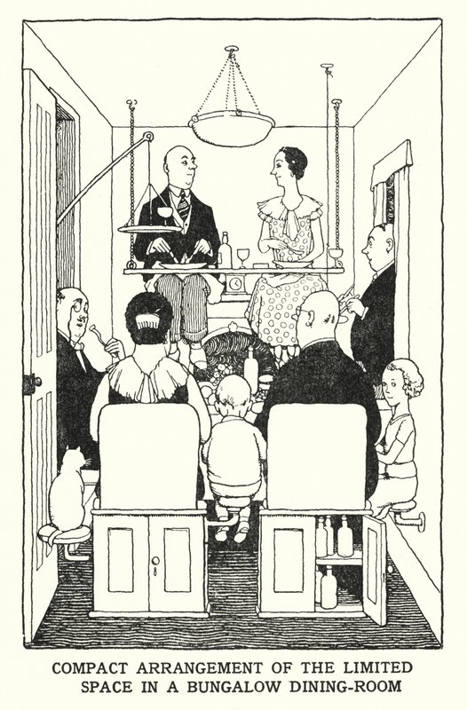 A korlátozott hely kompakt elrendezése egy bungaló étkezőben (litho) alkotó: William Heath Robinson