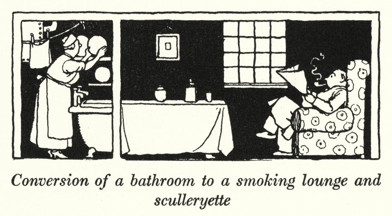 Fürdőszoba átalakítása dohányzó szalonná és mosdókagylóvá (litho) alkotó: William Heath Robinson