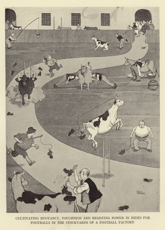 A felhajtóerő, a szívósság és az ellenálló erő fejlesztése a labdarúgó bőrökben egy futballgyár raktárában alkotó: William Heath Robinson