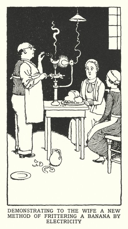 Bemutatják a feleségnek a banán elektromosan történő pirításának új módszerét (litho) alkotó: William Heath Robinson