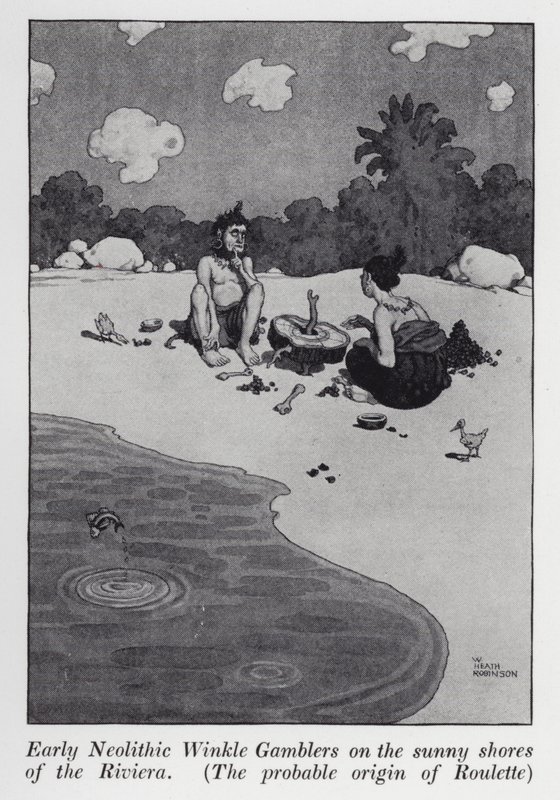 Kora neolitikus Winkle Gamblers a Riviéra napos partjain, A rulett (litho) valószínű eredete alkotó: William Heath Robinson