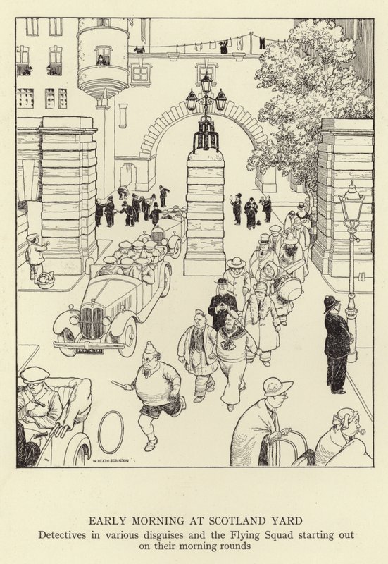 Kora reggel a Scotland Yardon, különféle álruhás nyomozók és a Flying Squad indul a reggeli körökben alkotó: William Heath Robinson