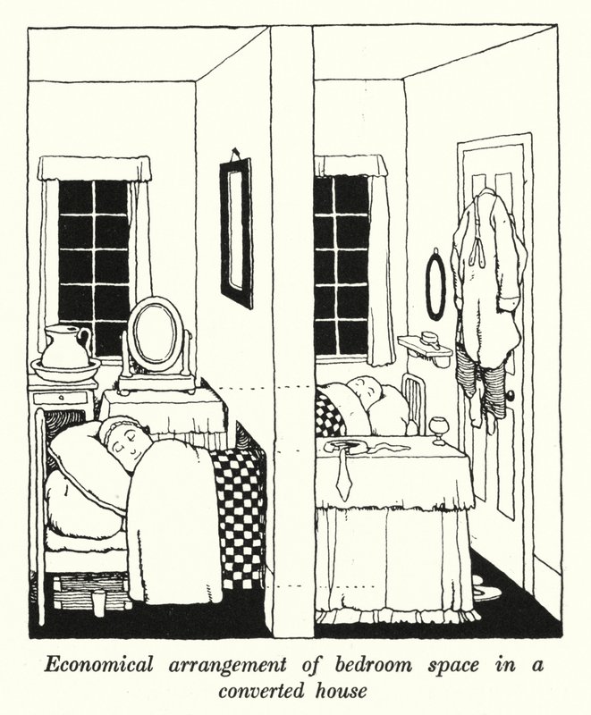 A hálószobák gazdaságos elrendezése átalakított házban (litho) alkotó: William Heath Robinson