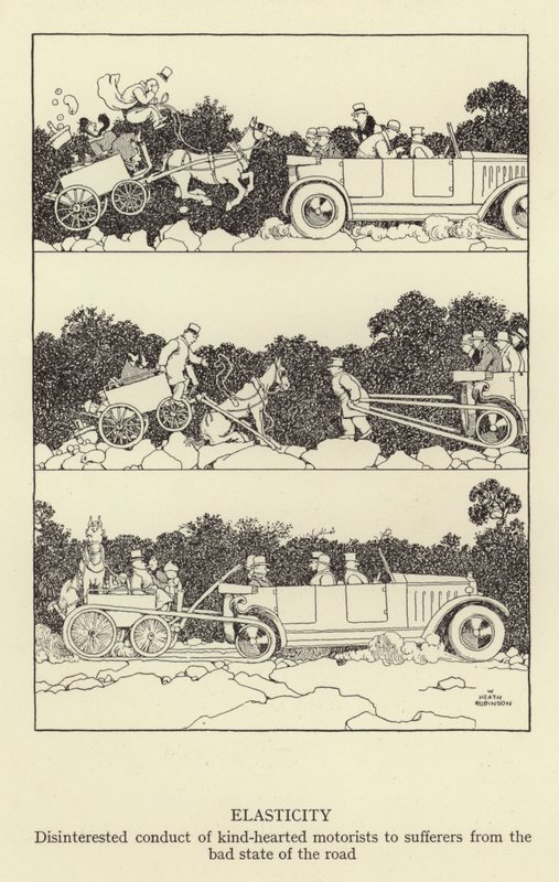 A jószívű autósok rugalmassága, önzetlen magatartása a rossz útviszonyok elszenvedőivel szemben alkotó: William Heath Robinson