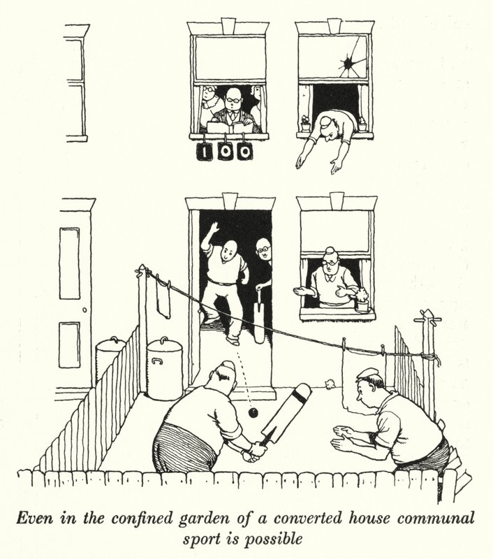 Egy átalakított ház szűk kertjében is lehetséges a közösségi sportolás (litho) alkotó: William Heath Robinson