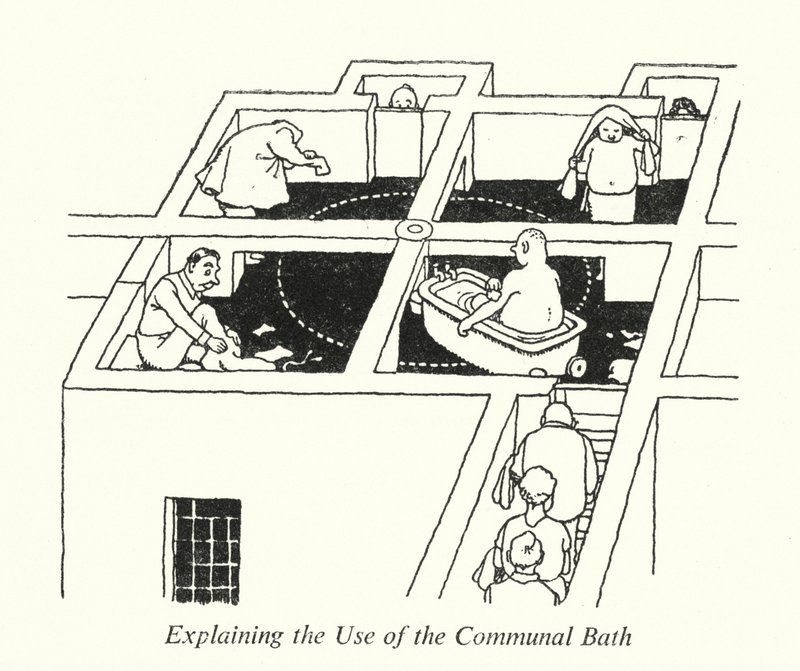 A közösségi fürdő használatának ismertetése (litho) alkotó: William Heath Robinson
