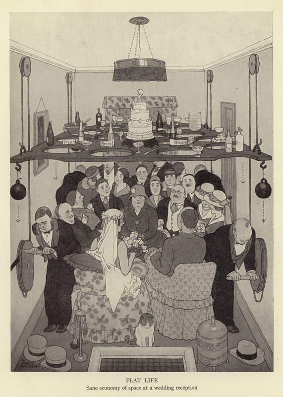 Lapos élet, ésszerű helytakarékosság esküvői fogadáson alkotó: William Heath Robinson