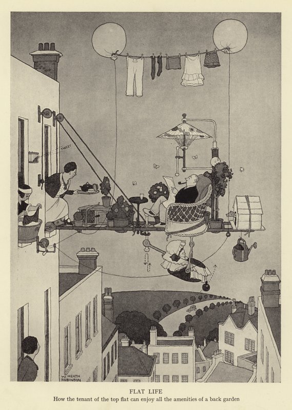 Lakásélet, hogyan élvezheti a legfelső lakás bérlője a hátsó kert minden kényelmét alkotó: William Heath Robinson