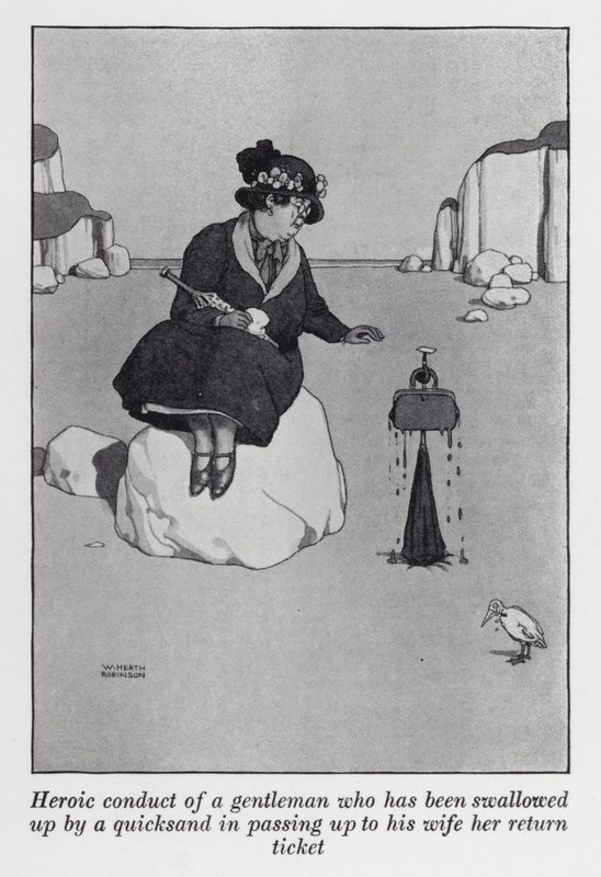 Egy úriember hősies magatartása, akit elnyelt a futóhomok, amikor átadta feleségének a retúrjegyét (litho) alkotó: William Heath Robinson