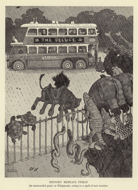 A történelem megismétli önmagát, fel nem számolt pánik Whipsnade-ben, a nedves időjárás miatt alkotó: William Heath Robinson