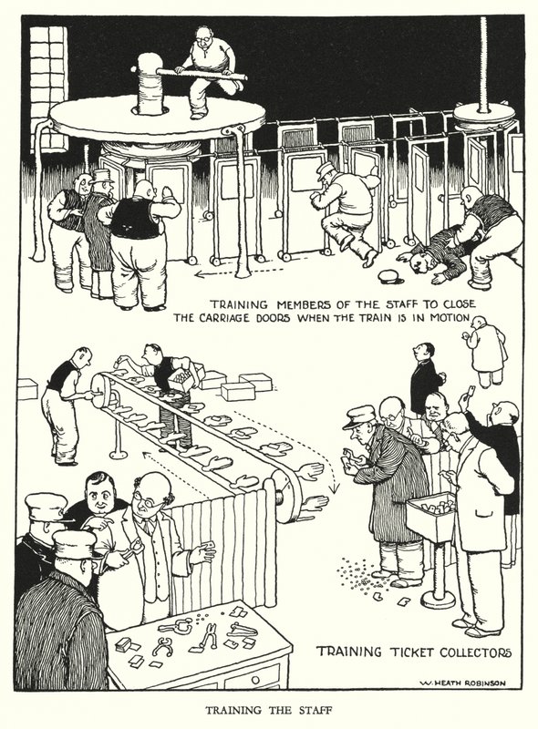 Illusztráció: Railway Ribaldry, W Heath Robinson (litho) alkotó: William Heath Robinson