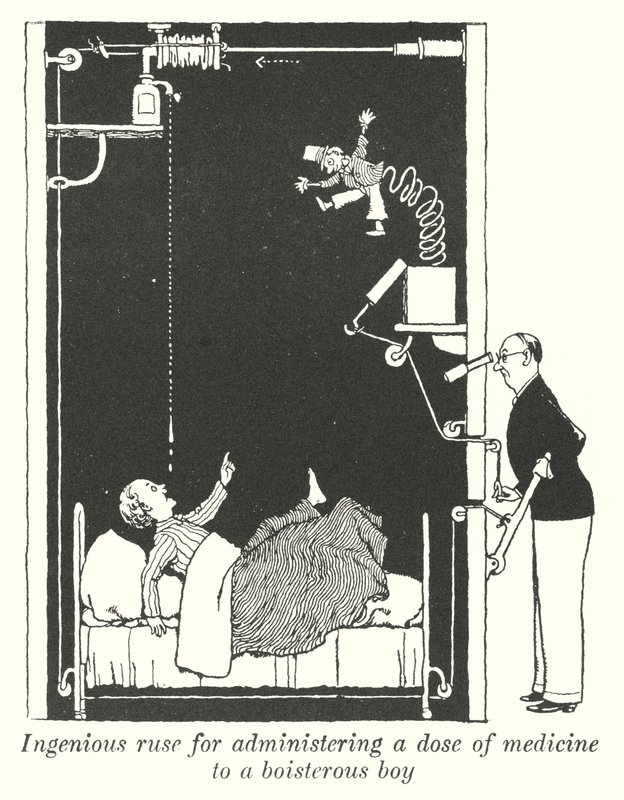 Ötletes trükk egy adag gyógyszer beadására egy lármás fiúnak (litho) alkotó: William Heath Robinson