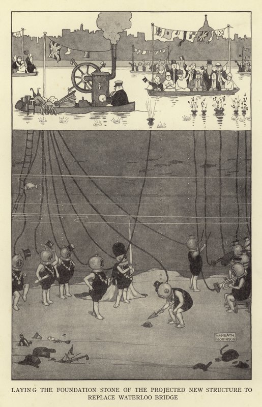 A Waterloo híd helyére tervezett új építmény alapkőletétele alkotó: William Heath Robinson
